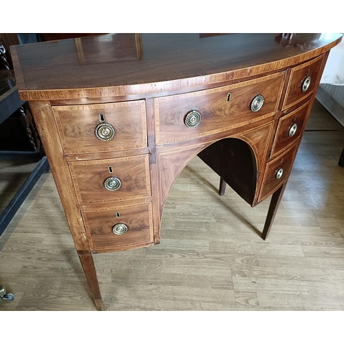 91 - A NEATLY SIZED GEORGE III MAHOGANY INLAID BOW-FRONTED SIDE BOARD / HALL TABLE, with a beautifully sh... 