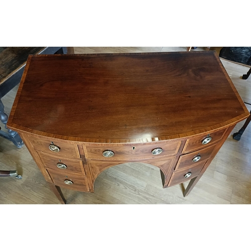 91 - A NEATLY SIZED GEORGE III MAHOGANY INLAID BOW-FRONTED SIDE BOARD / HALL TABLE, with a beautifully sh... 