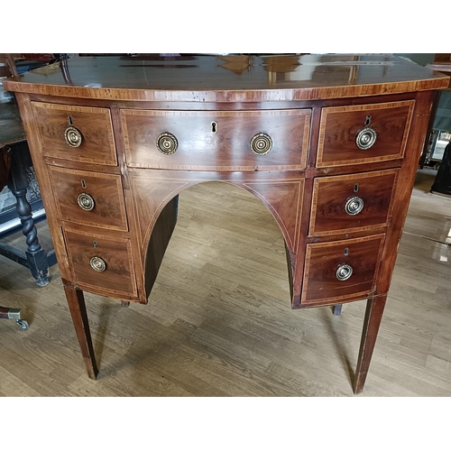 91 - A NEATLY SIZED GEORGE III MAHOGANY INLAID BOW-FRONTED SIDE BOARD / HALL TABLE, with a beautifully sh... 