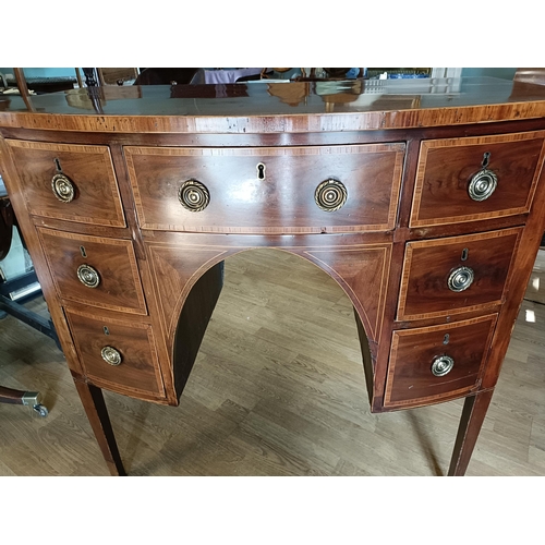 91 - A NEATLY SIZED GEORGE III MAHOGANY INLAID BOW-FRONTED SIDE BOARD / HALL TABLE, with a beautifully sh... 