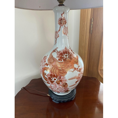 94 - A LOVELY DECORATIVE ASIAN STYLE CERMAIC TABLE LAMP, the baluster shaped body decorated with a bird &... 