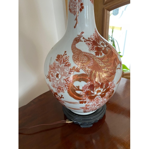 94 - A LOVELY DECORATIVE ASIAN STYLE CERMAIC TABLE LAMP, the baluster shaped body decorated with a bird &... 