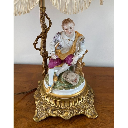 96 - A VERY FINE PAIR OF PORCELAINE FIGURATIVE TABLE LAMPS, one with a male figure seated on a branch and... 