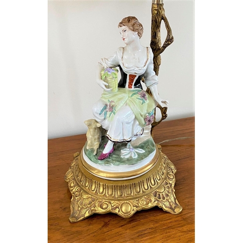 96 - A VERY FINE PAIR OF PORCELAINE FIGURATIVE TABLE LAMPS, one with a male figure seated on a branch and... 