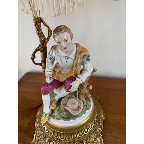 96 - A VERY FINE PAIR OF PORCELAINE FIGURATIVE TABLE LAMPS, one with a male figure seated on a branch and... 