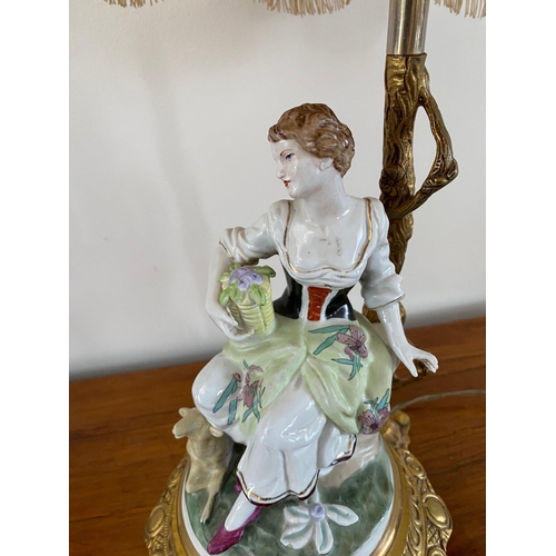 96 - A VERY FINE PAIR OF PORCELAINE FIGURATIVE TABLE LAMPS, one with a male figure seated on a branch and... 