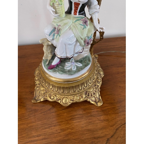 96 - A VERY FINE PAIR OF PORCELAINE FIGURATIVE TABLE LAMPS, one with a male figure seated on a branch and... 