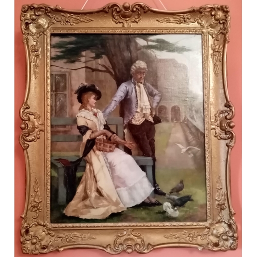 97 - M. COLLINS, (19TH CENTURY), A COURTING COUPLE, oil on canvas, signed lower left. In original gilt sw... 