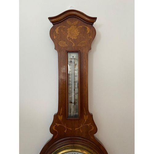 98 - AN EDWARDIAN MAHOGANY SATINWOOD INLAID BANJO SHAPED WALL ANEROID BAROMETER, with lovely inlaid flora... 