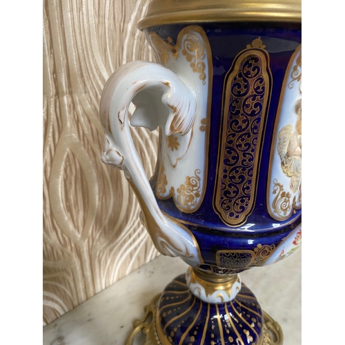 99 - A BEAUTIFUL PAIR OF SEVRES STYLE PORCELAIN & BRASS OIL LAMPS, each with a cobalt blue & gilt coloure... 