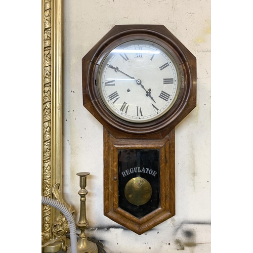 54 - A FINE VICTORIAN ASTONIA REGULATOR WALL CLOCK, roman numerals to dial, within octagonal frame atop l... 