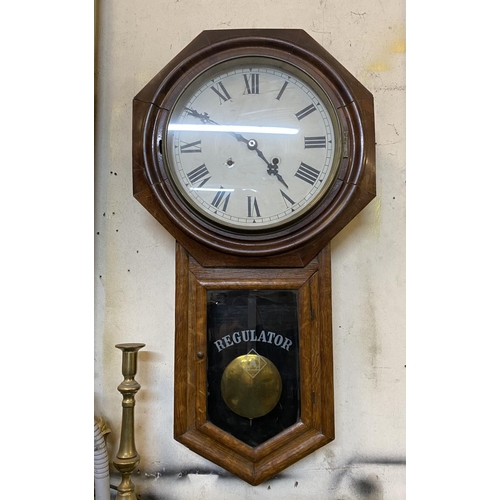 54 - A FINE VICTORIAN ASTONIA REGULATOR WALL CLOCK, roman numerals to dial, within octagonal frame atop l... 