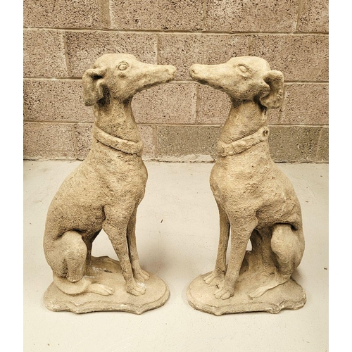 100 - A PAIR OF STONE COMPOSITE GARDEN ORNAMENTS IN THE FORM OF TWO SEATED HOUNDS, each with a collar. Dim... 