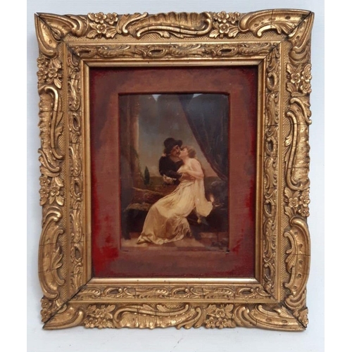 97 - A FRAMED VICTORIAN CRYSTOLEUM PICTURE, depicting a courting couple in an architectural scene, presen... 