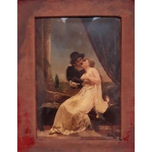 97 - A FRAMED VICTORIAN CRYSTOLEUM PICTURE, depicting a courting couple in an architectural scene, presen... 
