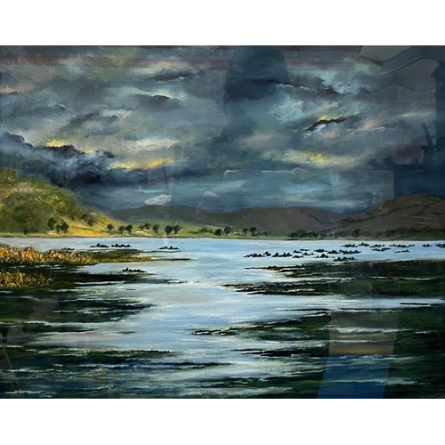 153 - KATIE BUTTIMER (Irish, 20th Century), oil on canvas depicting stormy sky over lake, signed lower lef... 