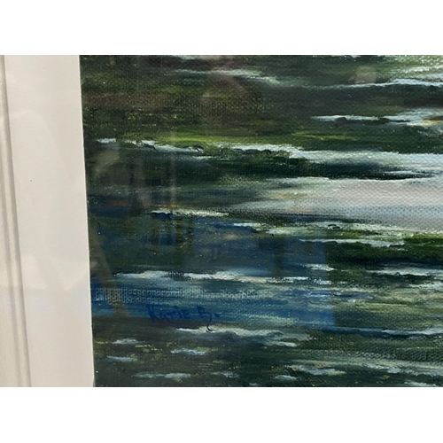 153 - KATIE BUTTIMER (Irish, 20th Century), oil on canvas depicting stormy sky over lake, signed lower lef... 
