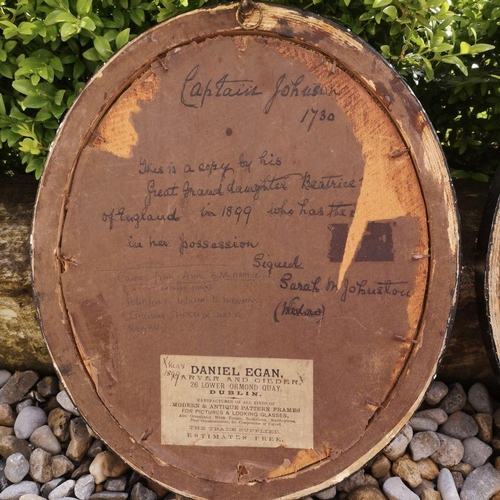 100 - A PAIR OF FRAMED OVAL SHAPED 19TH CENTURY COLOUR PASTEL PORTRAITS, (i) Captain Johnston, 1730, ‘This... 