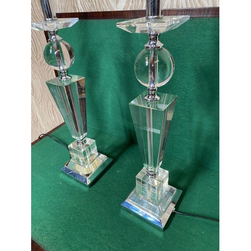 105 - A GOOD PAIR OF CONTEMPORARY GLASS & CHROME TABLE LAMPS, of tapered form on a square plinth base. Ven... 