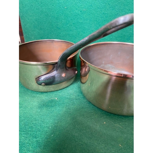 106 - A GOOD QUALITY SET OF FIVE GRADUATED COPPER SAUCEPANS, with heavy steel handles. In good, clean cond... 