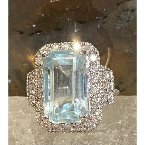 117 - A BEAUTIFUL 18CT WHITE GOLD AQUAMARINE & DIAMOND CLUSTER RING, the central claw set aquamarine weigh... 
