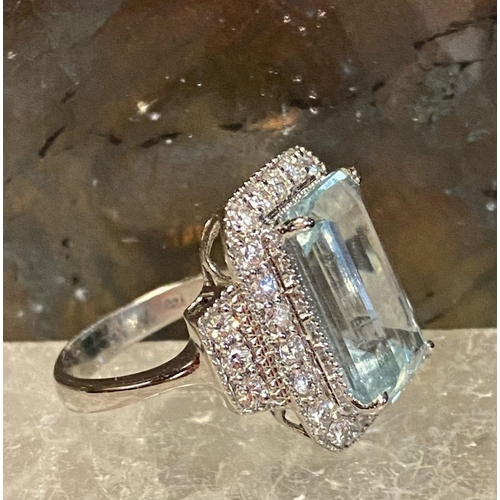 117 - A BEAUTIFUL 18CT WHITE GOLD AQUAMARINE & DIAMOND CLUSTER RING, the central claw set aquamarine weigh... 