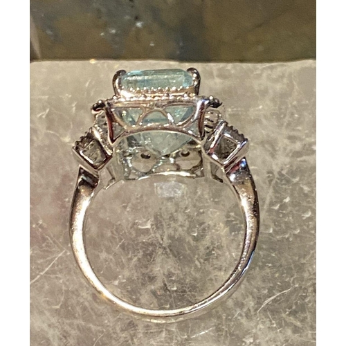 117 - A BEAUTIFUL 18CT WHITE GOLD AQUAMARINE & DIAMOND CLUSTER RING, the central claw set aquamarine weigh... 
