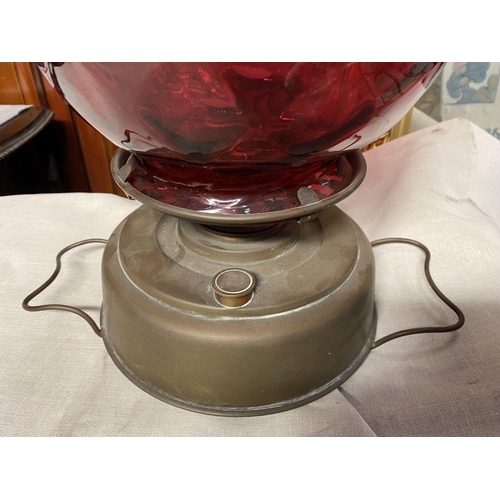 182 - A GOOD VICTORIAN BRASS LANTERN WITH CRANBERRY SHADE, large bulbous shade with crosshatched design, b... 