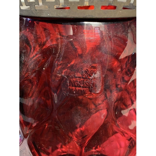 182 - A GOOD VICTORIAN BRASS LANTERN WITH CRANBERRY SHADE, large bulbous shade with crosshatched design, b... 