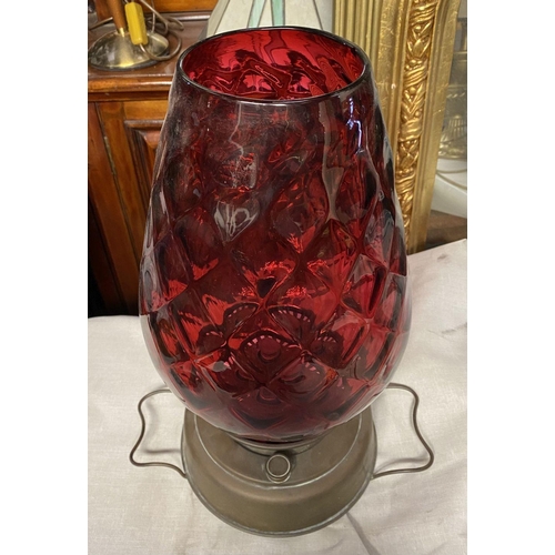 182 - A GOOD VICTORIAN BRASS LANTERN WITH CRANBERRY SHADE, large bulbous shade with crosshatched design, b... 