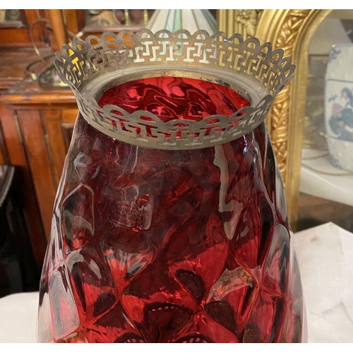 182 - A GOOD VICTORIAN BRASS LANTERN WITH CRANBERRY SHADE, large bulbous shade with crosshatched design, b... 