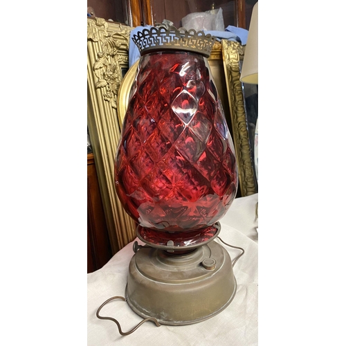 182 - A GOOD VICTORIAN BRASS LANTERN WITH CRANBERRY SHADE, large bulbous shade with crosshatched design, b... 