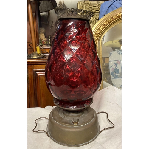 182 - A GOOD VICTORIAN BRASS LANTERN WITH CRANBERRY SHADE, large bulbous shade with crosshatched design, b... 