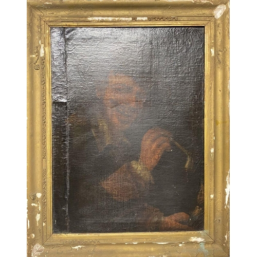 186 - EUROPEAN SCHOOL, (19th Century), ‘PORTRAIT OF MAN WITH PIPE’, oil on canvas, in original carved gilt... 
