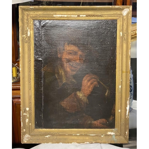 186 - EUROPEAN SCHOOL, (19th Century), ‘PORTRAIT OF MAN WITH PIPE’, oil on canvas, in original carved gilt... 