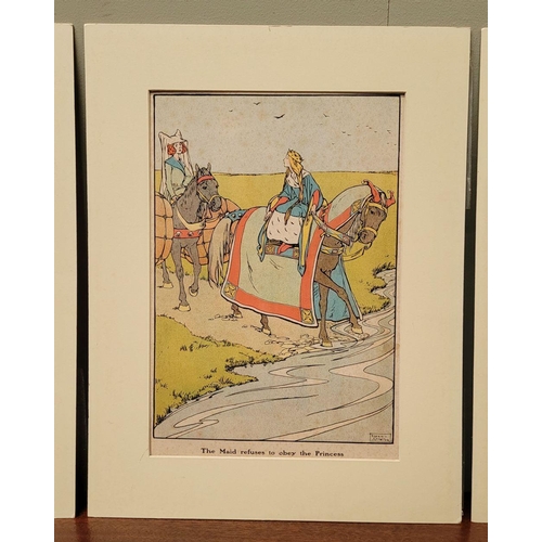 193 - A SET OF FIVE MOUNTED CHILDREN’S BOOK ILLUSTRATIONS BY HELEB STRATTON, includes scenes from Rumpelst... 