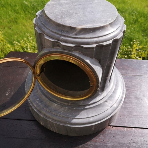 200 - A SUPERB & UNUSUAL REGENCY GREY MARBLE MANTLE CLOCK IN A CLASSICAL COLUMN SHAPE, in good working ord... 