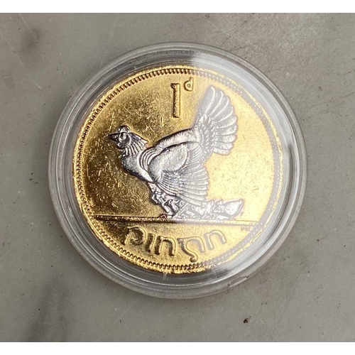 204 - A COLLECTION OF IRISH GOLDEN PREDECIMAL COINS, layered with 24 carat gold and accented with rhodium-... 