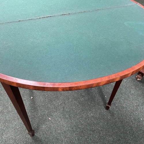 214 - A BRIGHT DEMI LUNE GEORGIAN FLAME MAHOGANY FOLD OVER CARD TABLE, presenting a beautiful finish with ... 