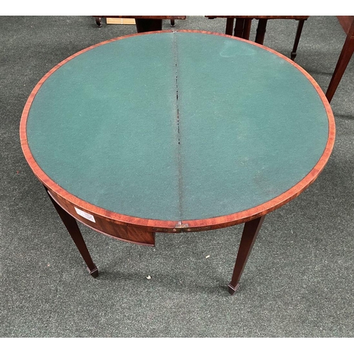 214 - A BRIGHT DEMI LUNE GEORGIAN FLAME MAHOGANY FOLD OVER CARD TABLE, presenting a beautiful finish with ... 