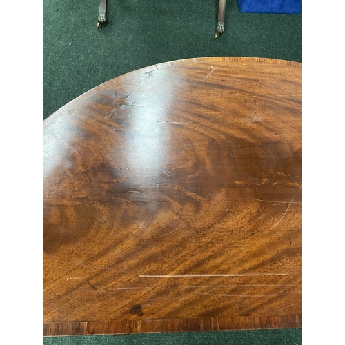 214 - A BRIGHT DEMI LUNE GEORGIAN FLAME MAHOGANY FOLD OVER CARD TABLE, presenting a beautiful finish with ... 