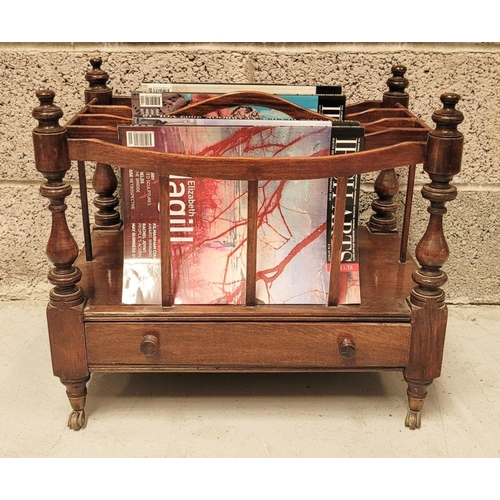 223 - A VERY GOOD QUALITY 19th CENTURY MAHOGANY CANTEBURY BOOK/MAGAZINE RACK, with four turned uprights th... 