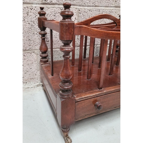 223 - A VERY GOOD QUALITY 19th CENTURY MAHOGANY CANTEBURY BOOK/MAGAZINE RACK, with four turned uprights th... 