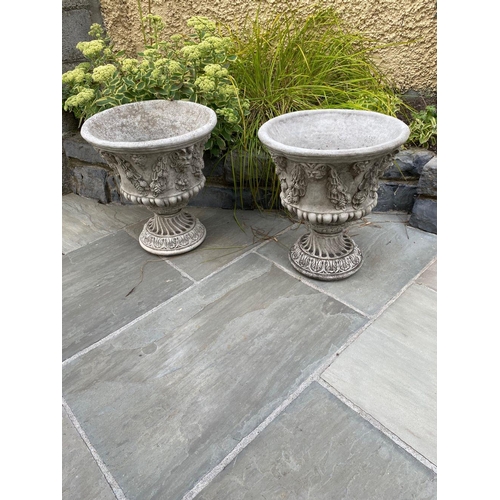 240 - A VERY GOOD & DECORATIVE PAIR OF GARDEN URNS, the body of each decorated with foliage & fruit vines,... 
