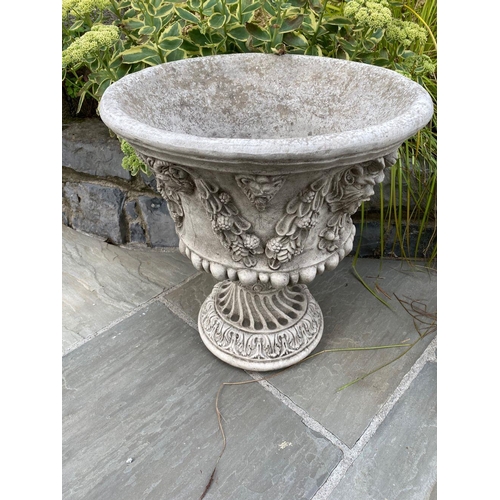 240 - A VERY GOOD & DECORATIVE PAIR OF GARDEN URNS, the body of each decorated with foliage & fruit vines,... 