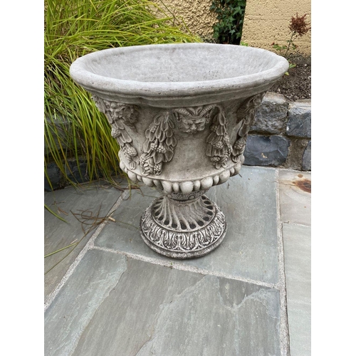 240 - A VERY GOOD & DECORATIVE PAIR OF GARDEN URNS, the body of each decorated with foliage & fruit vines,... 