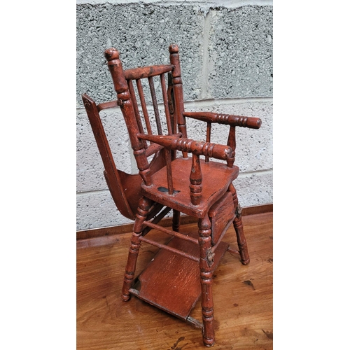 65 - AN ANTIQUE METAMORPHIC DOLLS HIGH CHAIR, with tray & foot rests, turned supports & arm rests. Folds ... 
