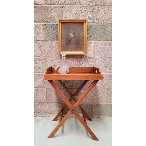 73 - A GOOD FOLDING BUTLER’S TRAY STAND, the tray with raised gallery sides has a pair of kidney shaped p... 