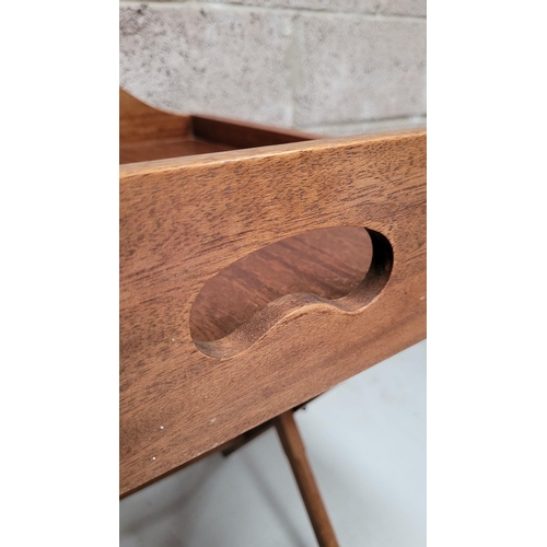 73 - A GOOD FOLDING BUTLER’S TRAY STAND, the tray with raised gallery sides has a pair of kidney shaped p... 