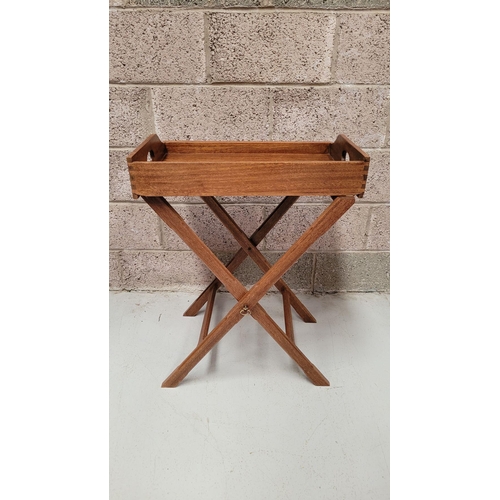 73 - A GOOD FOLDING BUTLER’S TRAY STAND, the tray with raised gallery sides has a pair of kidney shaped p... 